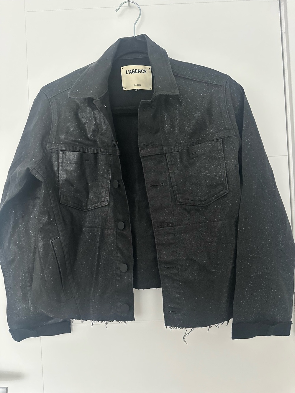 L’AGENCE Black Coated Denim Jacket Size M Raw Edge Cropped Trucker